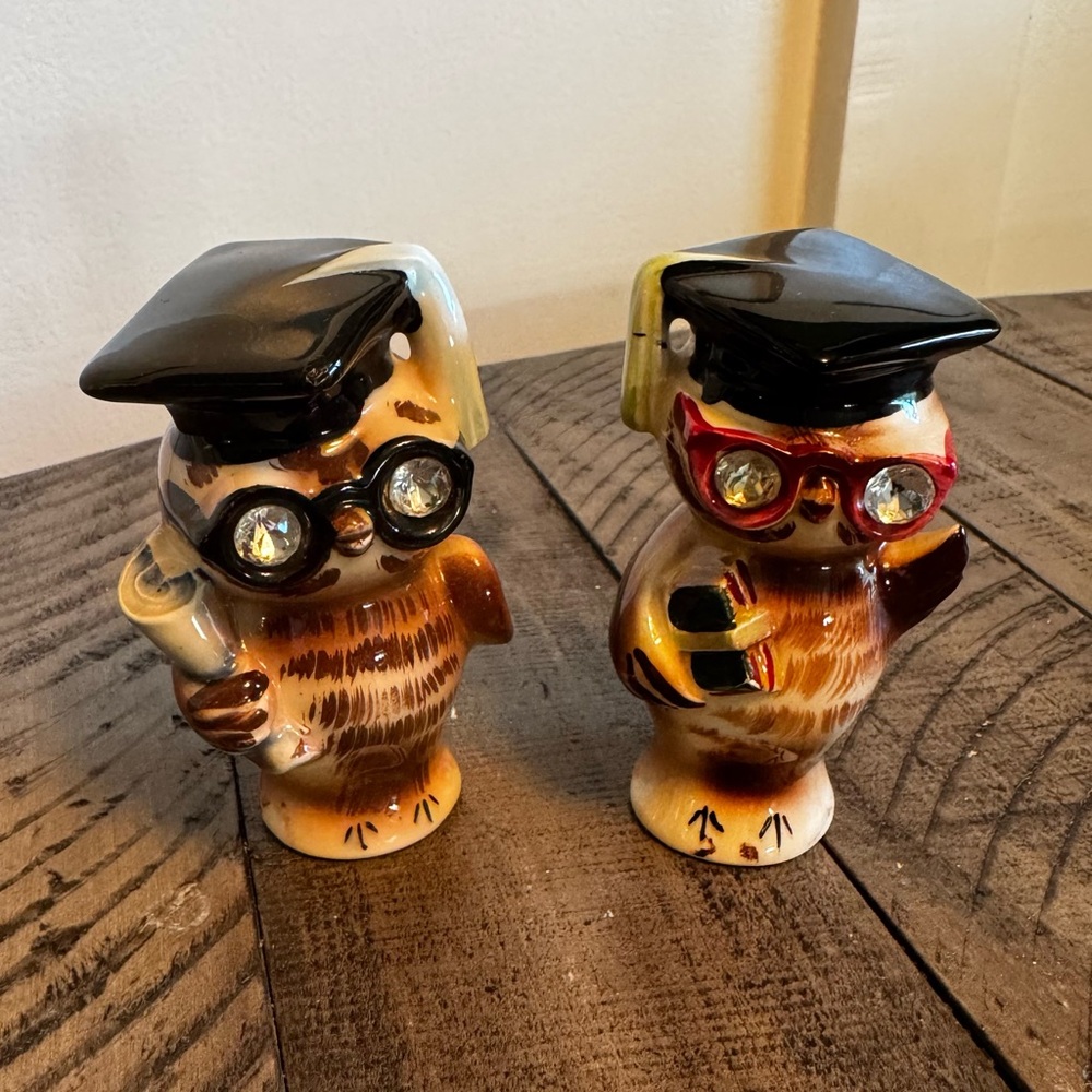 Vintage Lefton Owl Scholar Graduates Salt and Pepper Shakers Set Rhinestone Eye